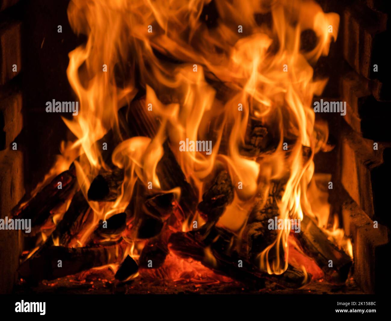 Wood burning in a bonfire. Great flames Stock Photo