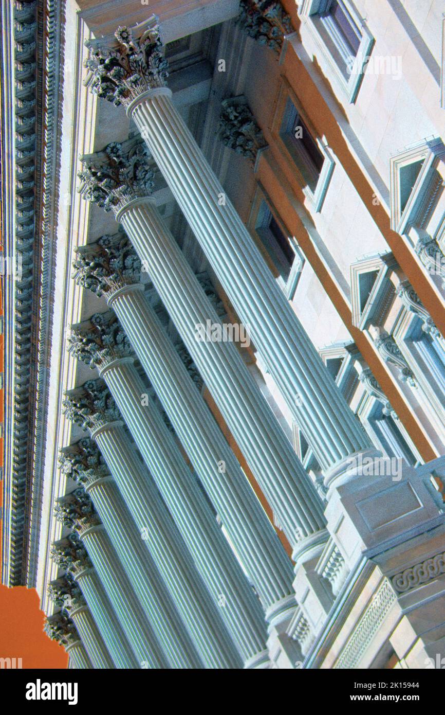 Extremely saturated color concept photograph of the US Capitol building with no people in Washington, D.C., District of Columbia, cloudless sky, Stock Photo