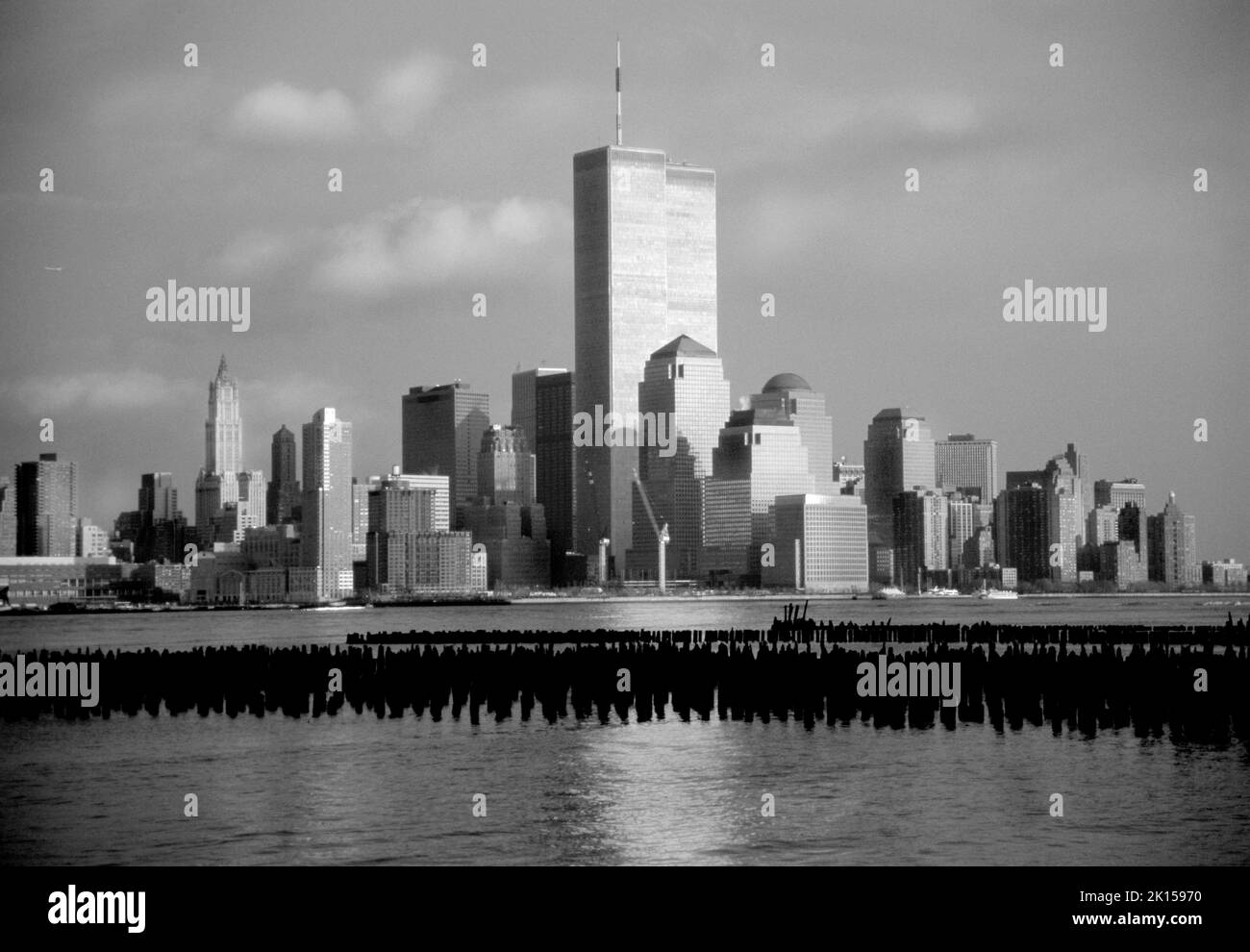 The Twin Towers at the WTC, World Trade Center, peacefully dominating the Lower Manhattan skyline prior to the September 11th terrorist attacks. Stock Photo