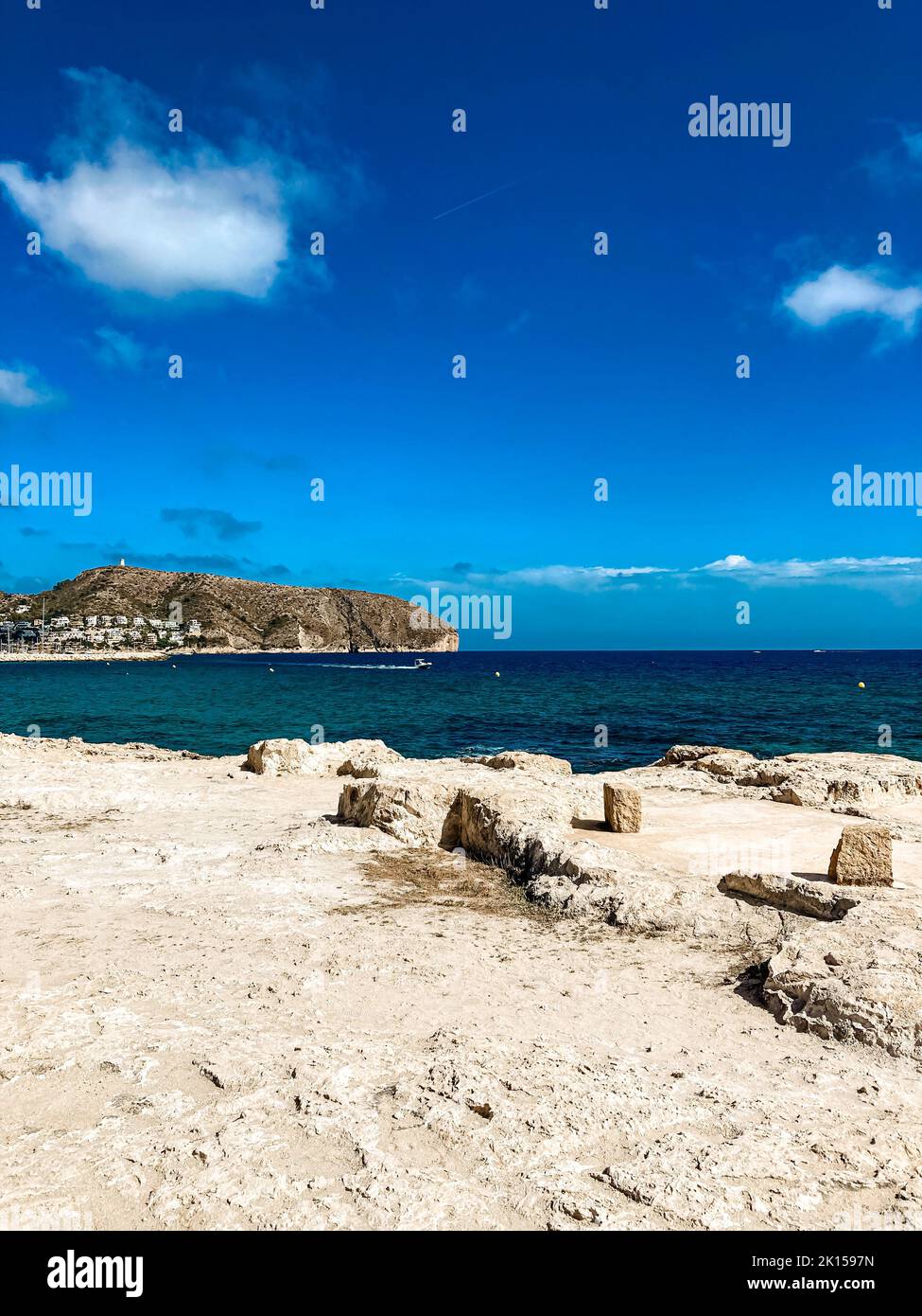 Beautiful scenery of Playa de l'Ampolla beach and sea in Moraira, East Spain Stock Photo