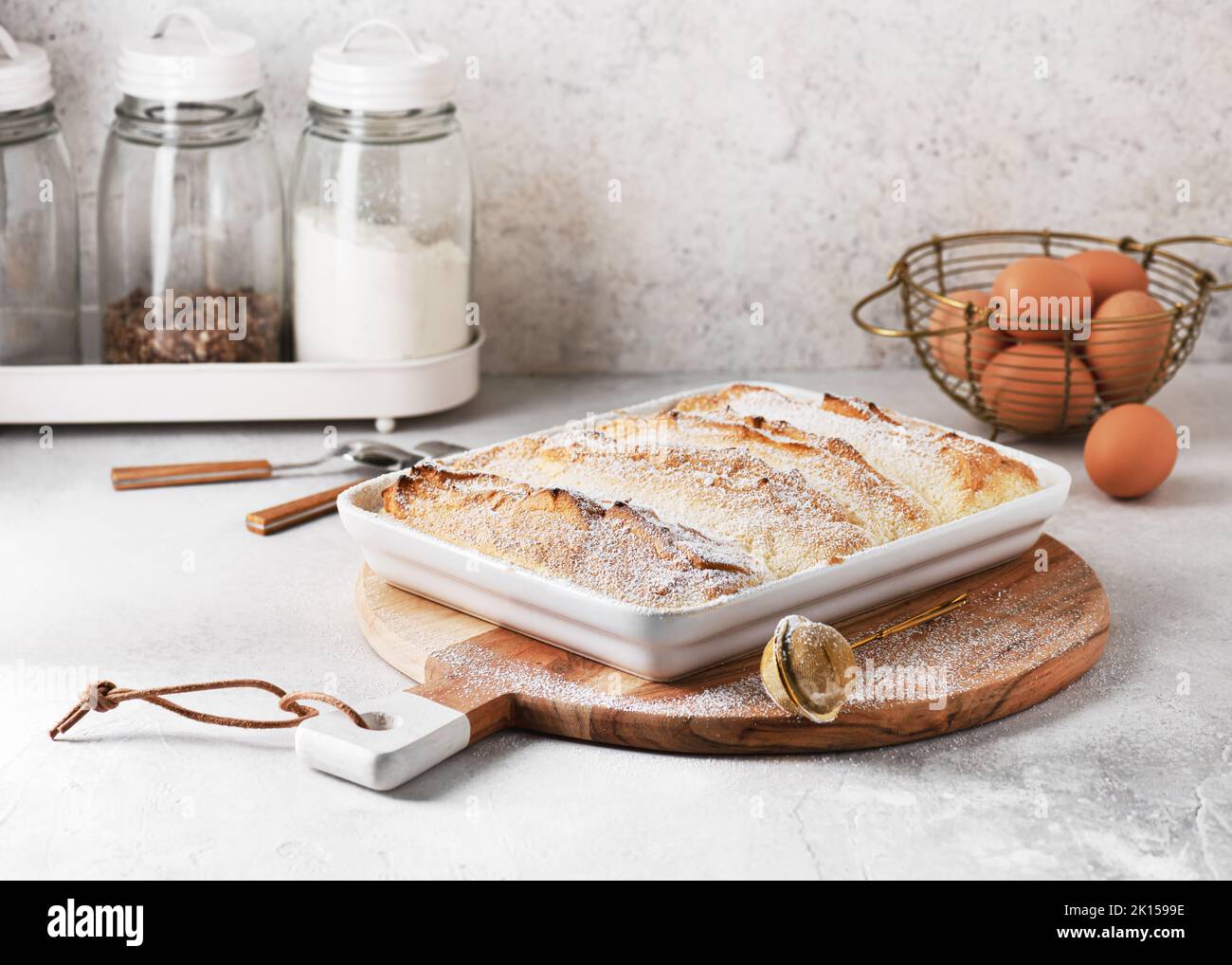 Delicious egg soufflé called Salzburger Nockerl, traditionel  Austrian speciality. Homed sweet food concept. Copy space. Stock Photo