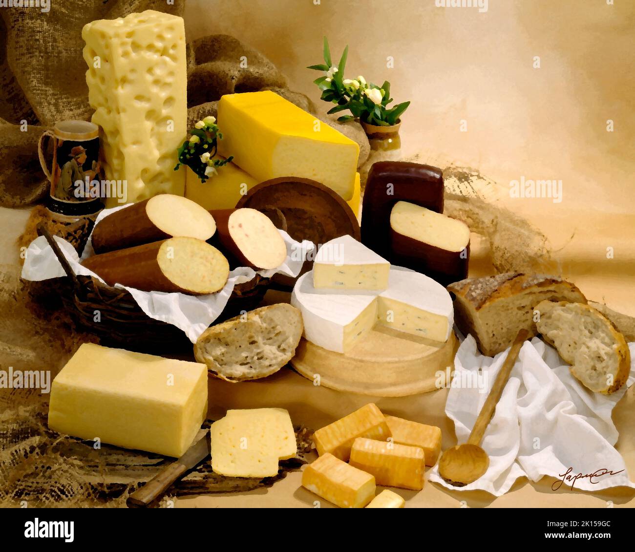 German Cheeses in group color photograph, painterly filter applied. Tan toned mottled background. Studio tabletop, classic Image Stock Photo