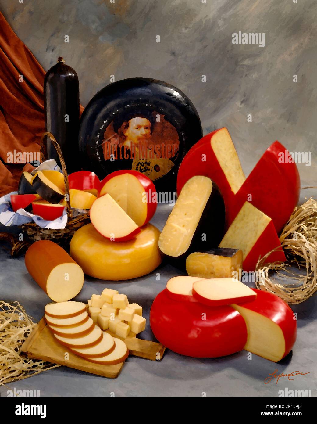 Netherlands, Holland, Dutch Cheeses in group sepia photograph on toned mottled background. vertical Format, studio tabletop Stock Photo