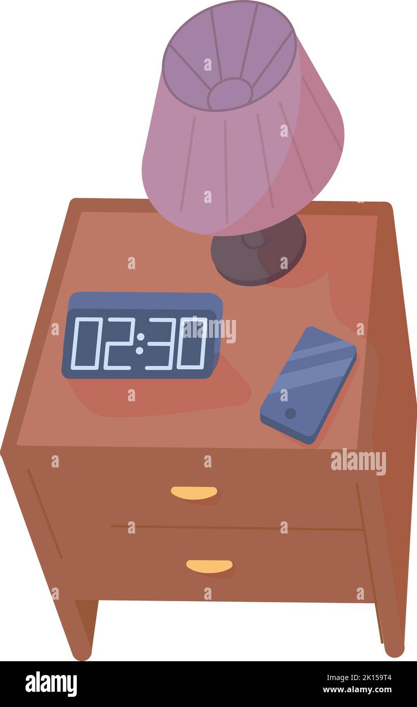 Bedside dresser with lamp and alarm clock. Bedroom furniture isolated on white background Stock
