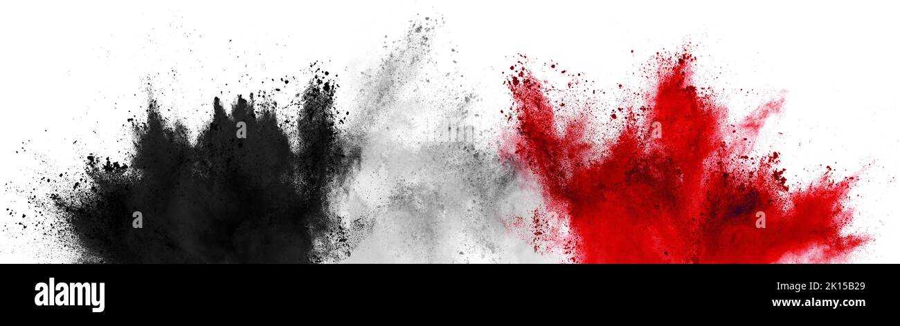 colorful black white red flag black color paint powder explosion on isolated background. old german frankfurt syrian egyptian colors celebration quata Stock Photo