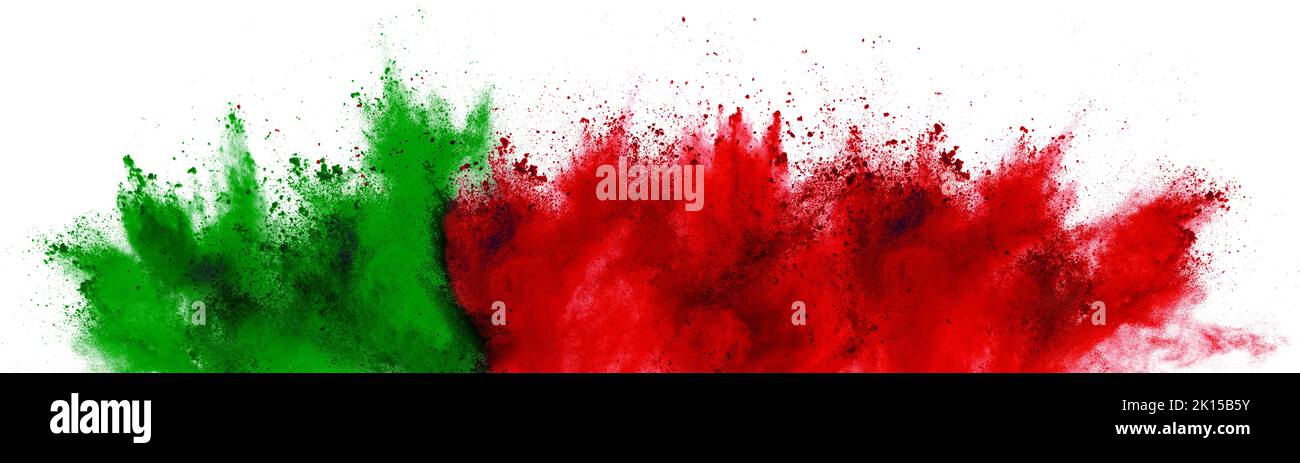 colorful portuguese flag green red color holi paint powder explosion on isolated white background. portugal europe qatar celebration soccer travel tou Stock Photo
