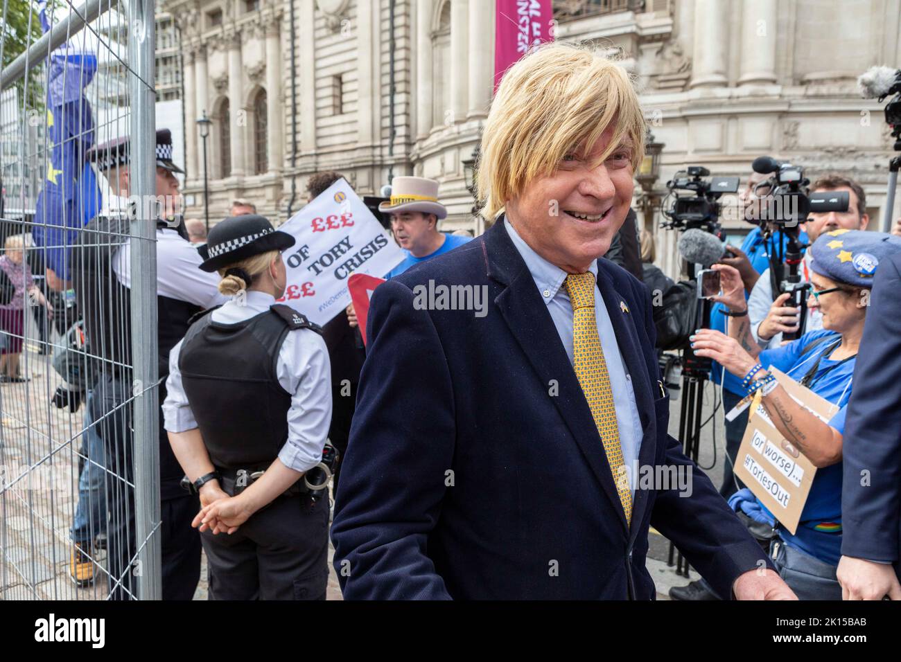 Newly elected Tory leader is announced at Queen Elizabeth II Conference Centre this afternoon. Protestors are seen outside the venue haggling minister Stock Photo