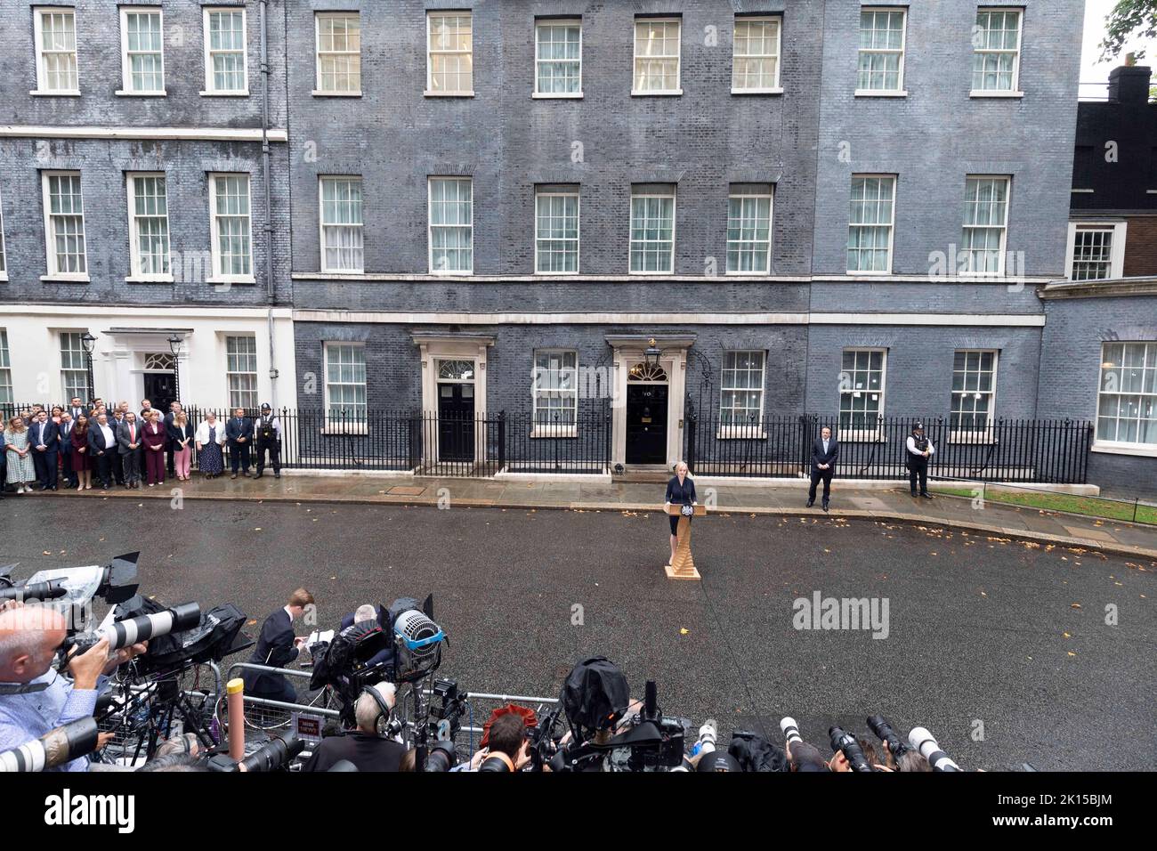 Newly elected Tory leader and British Prime Minister Liz Truss delivers her first speech at Downing Street this afternoon, after meeting the Queen at Stock Photo