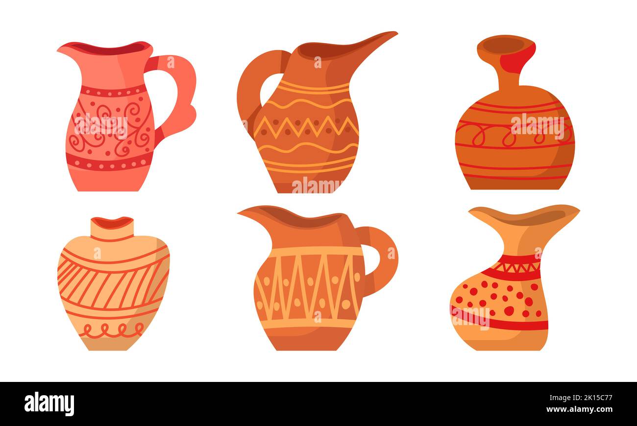 Rustic clay pottery set and brown pot or jug with pattern decorations
