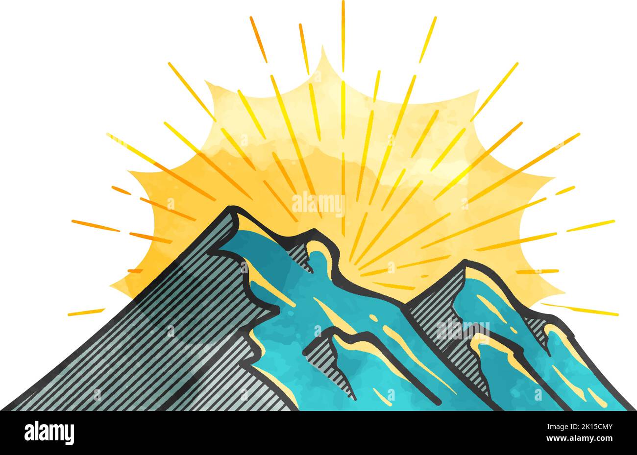 Watercolor style hand drawn mountains with sun rays Stock Vector Image ...