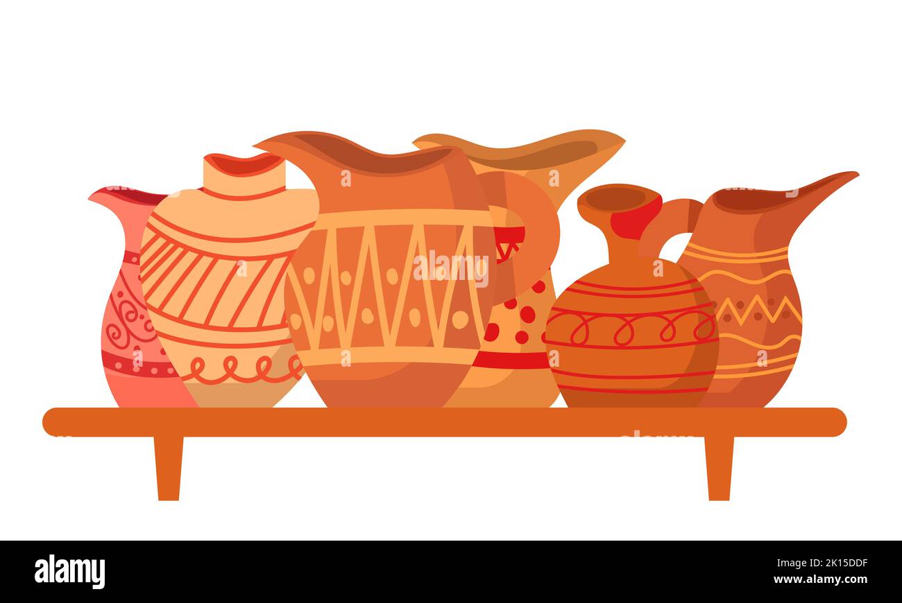 Rustic clay pottery set and brown pot or jug with pattern decorations