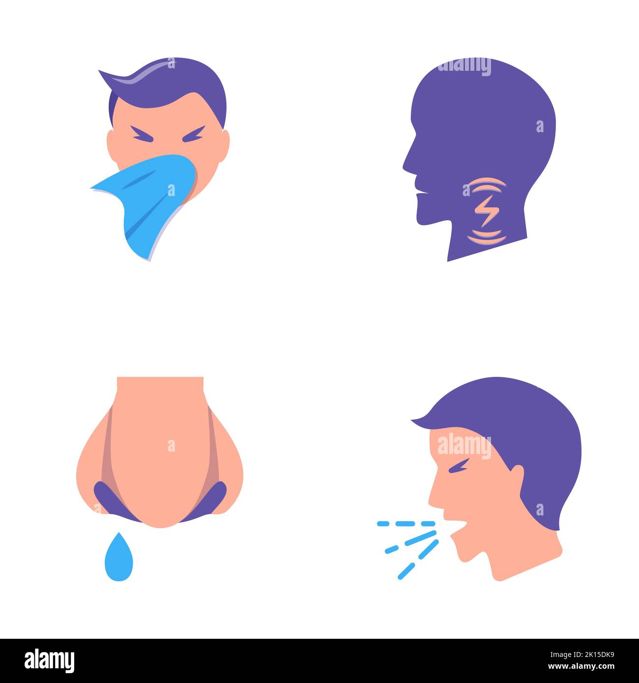 Respiratory disease symptoms icon collection in flat style. Runny nose