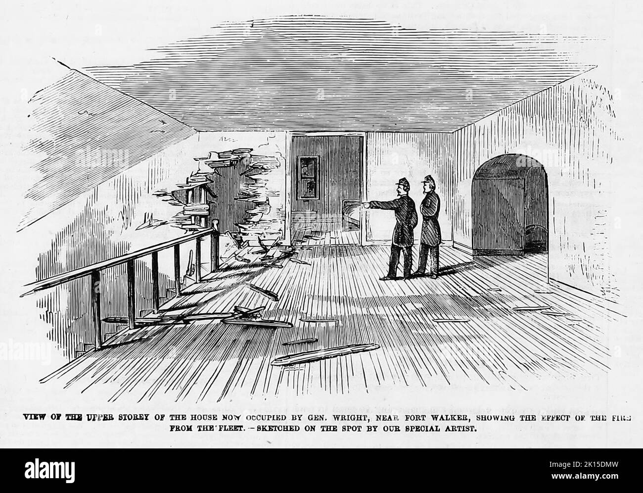 View of the upper story of the house now occupied by General Horatio Gouverneur Wright, near Fort Walker, South Carolina, showing the effect of the fire from the fleet. December 1861. 19th century American Civil War illustration from Frank Leslie's Illustrated Newspaper Stock Photo