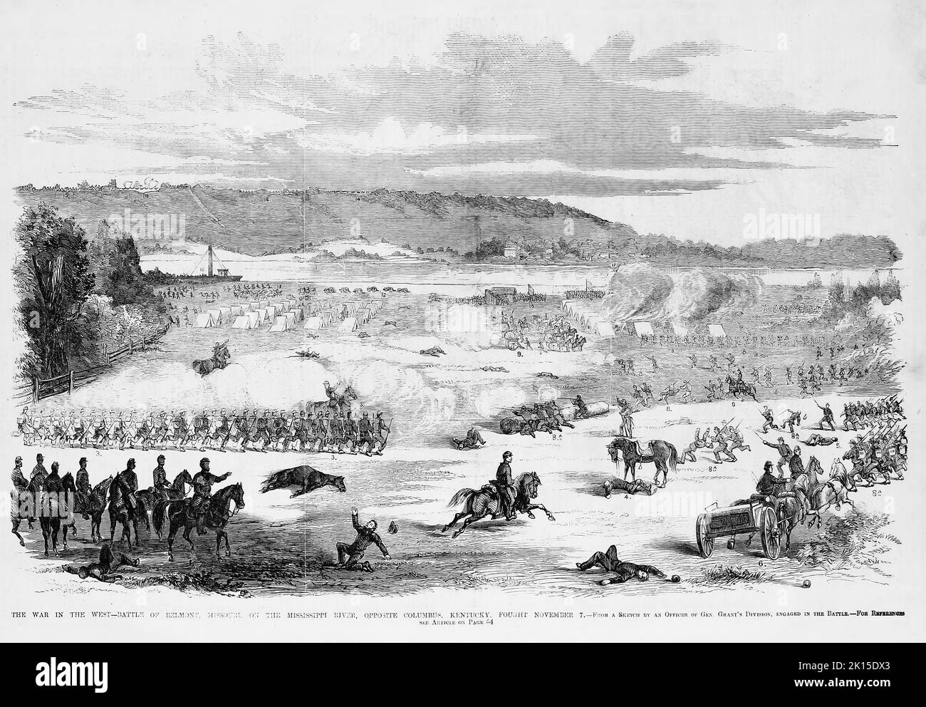 The War in the West - Battle of Belmont, Missouri, on the Mississippi River, opposite Columbus, Kentucky, fought November 7th, 1861. 19th century American Civil War illustration from Frank Leslie's Illustrated Newspaper Stock Photo