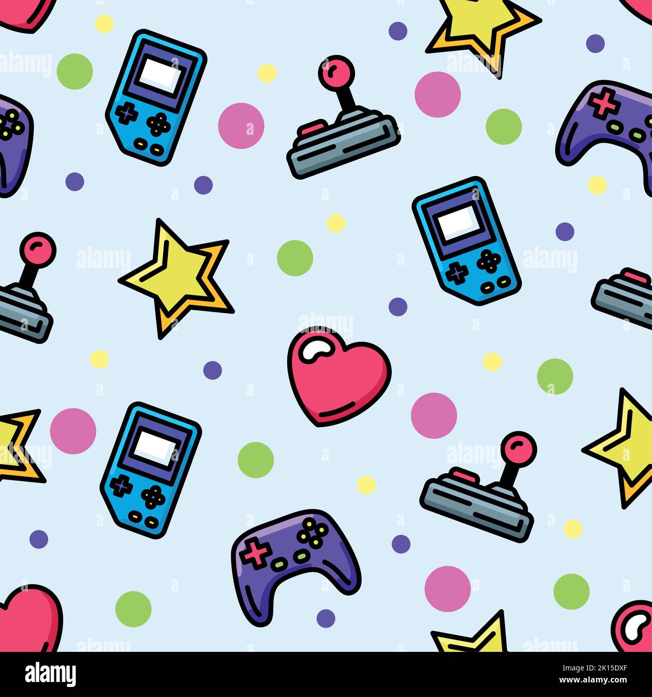 Colored seamless pattern background with joysticks and videogame icons Vector Stock Vector