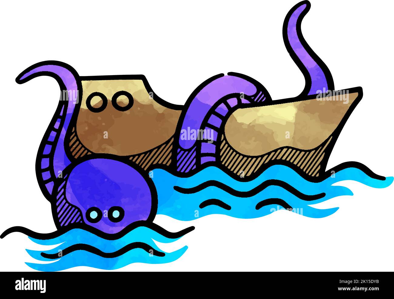 Watercolor style ship and giant octopus icon hand drawn Stock Vector
