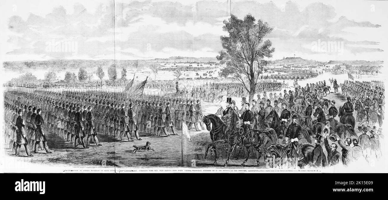 Grand review, by George Brinton McClellan, of seven divisions of the National Army, numbering 70,000 men, near Bailey's Cross Roads, Virginia, November 20th, 1861, in the presence of President Abraham Lincoln, Cabinet, etc. 19th century American Civil War illustration from Frank Leslie's Illustrated Newspaper Stock Photo