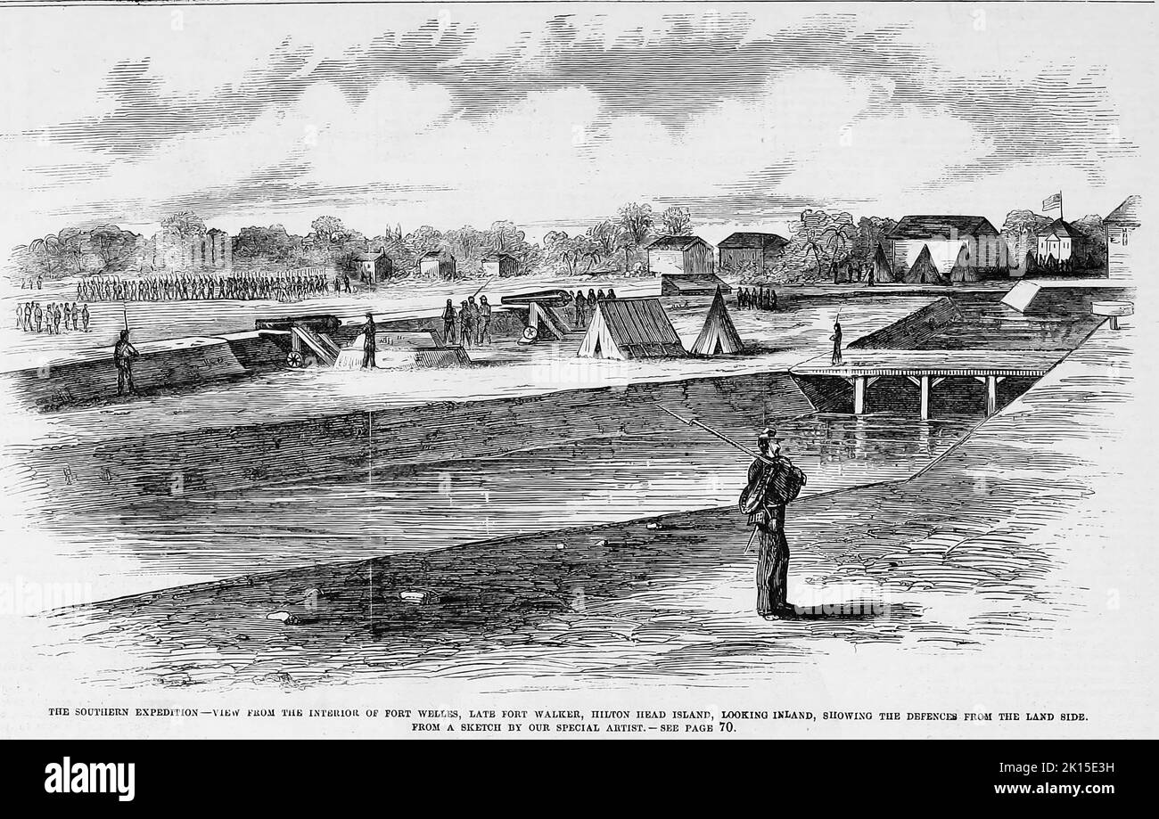 The Southern Expedition - View from the interior of Fort Welles, late Fort Walker, Hilton Head Island, South Carolina, looking inland, showing the defenses from the land side. December 1861. 19th century American Civil War illustration from Frank Leslie's Illustrated Newspaper Stock Photo