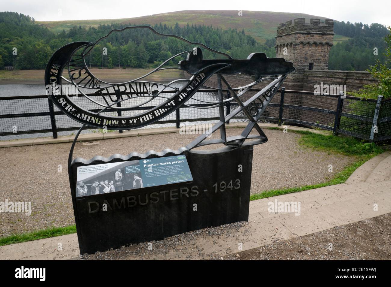 The memorial to the 2nd world war Dam Busters squadron who used Derbyshire reservoirs to perfect their bombing techniques. Stock Photo