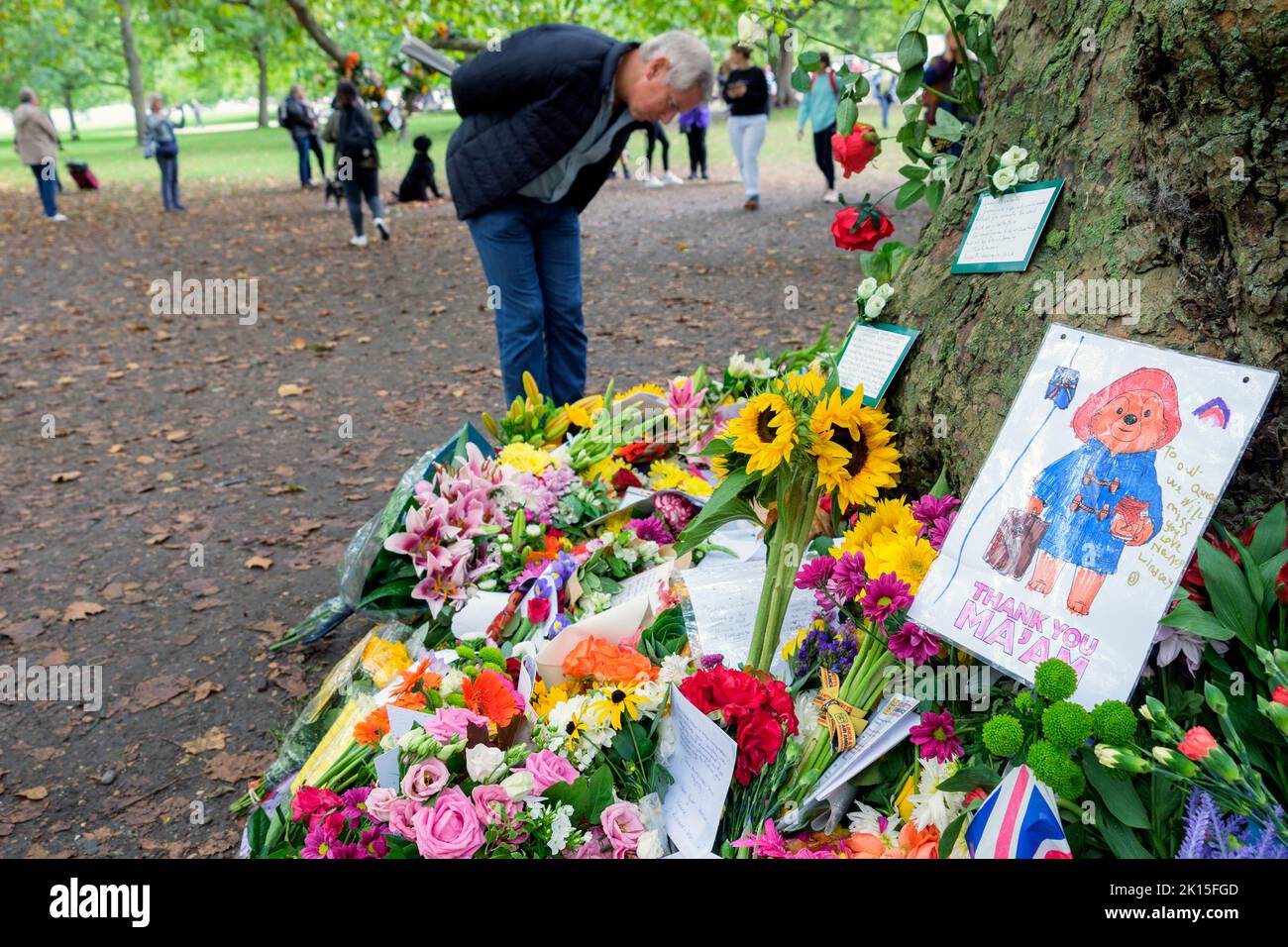 Queen Elizabeth floral tributes- People are pictured as they view the flowers and paddington bear cards that have been left in Green Park, London Stock Photo