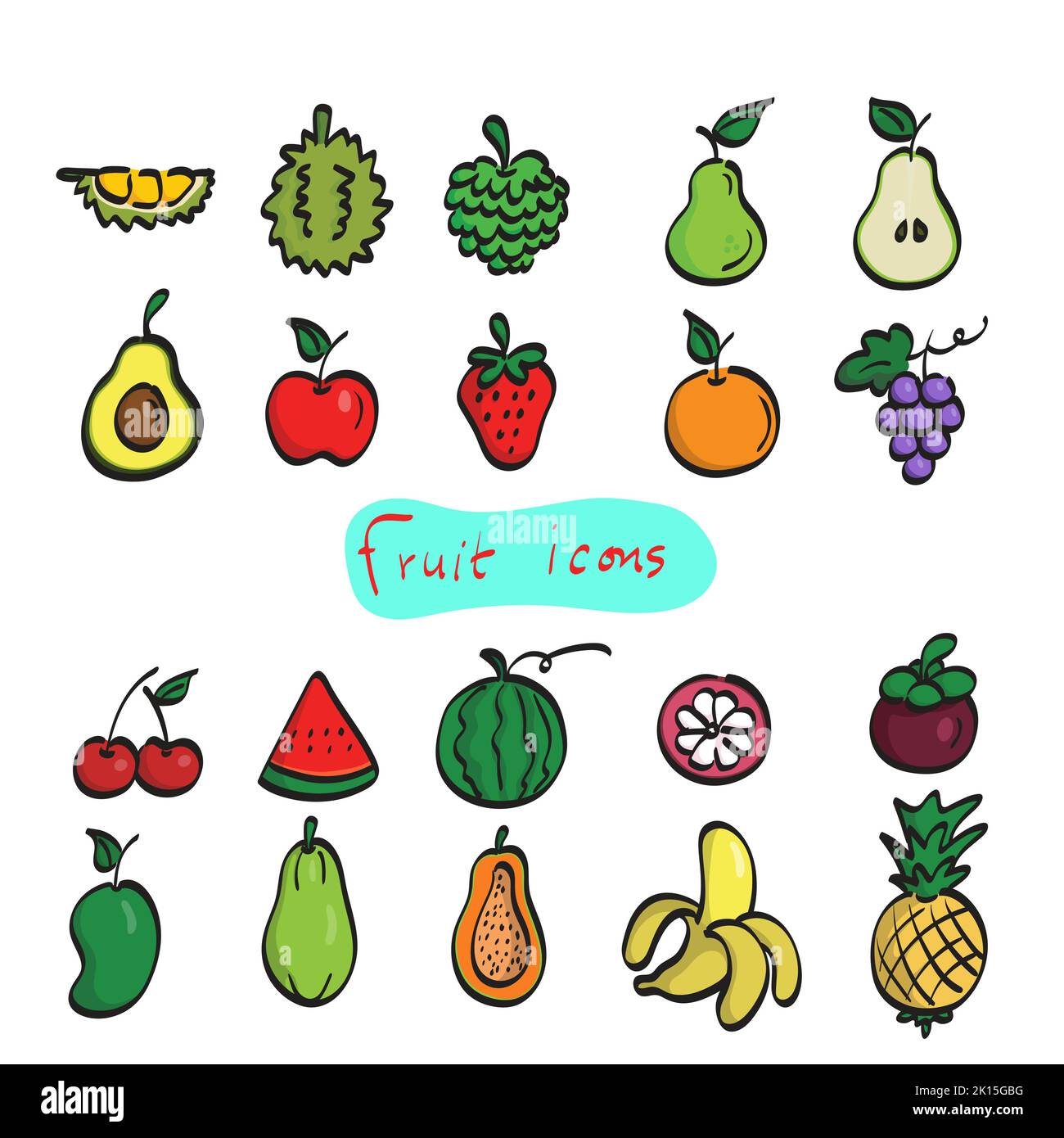 colorful fruit icon set illustration vector hand drawn with black line isolated on white background Stock Vector