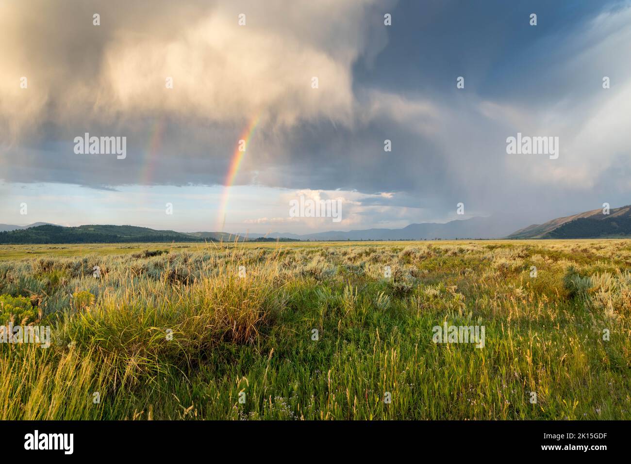 A rainbow arching over Antelope Flats as rain showers and storms pass