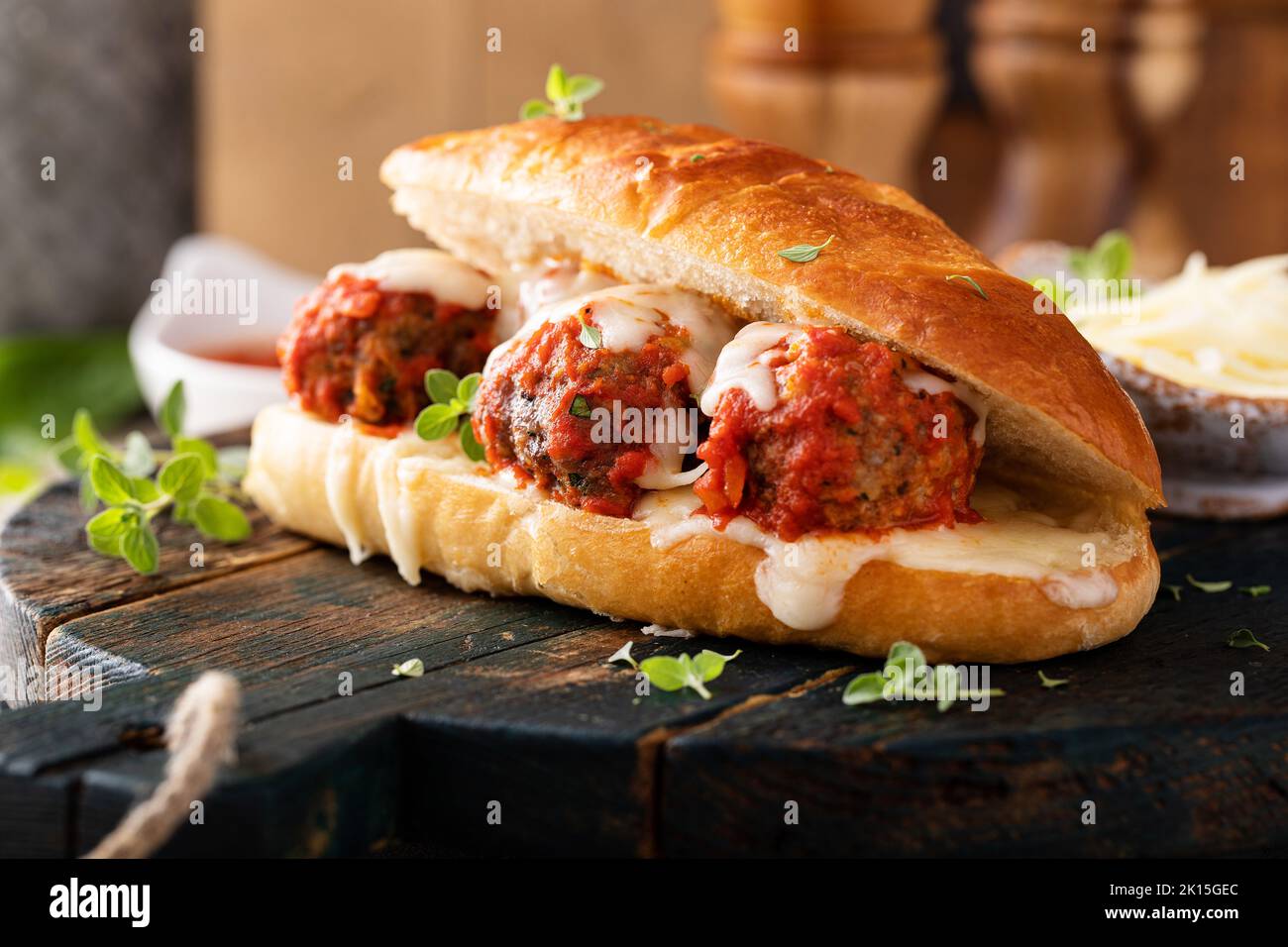 Meatball sub sandwich with marinara and mozzarella Stock Photo