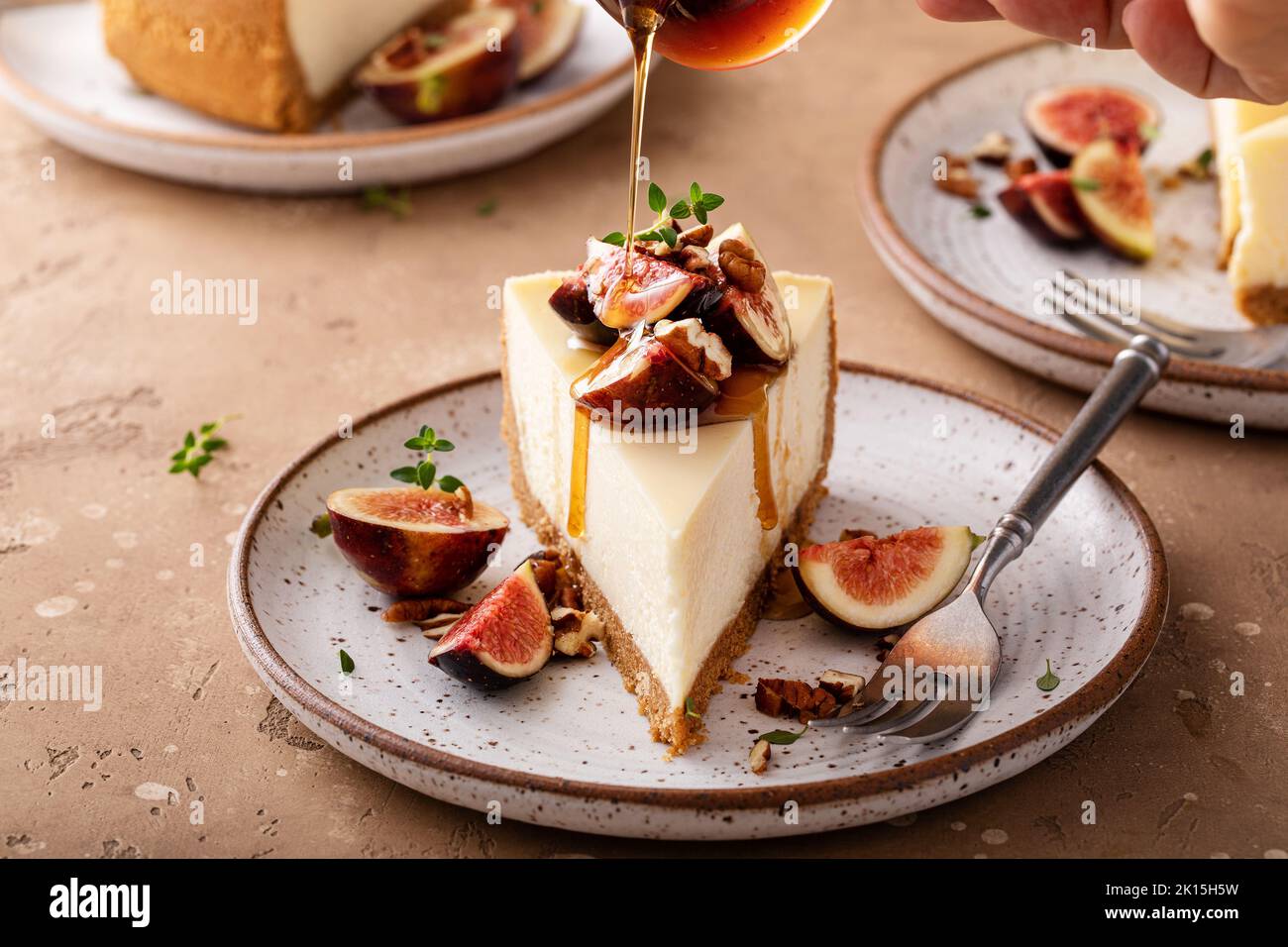 Fall cheesecake with figs and maple syrup Stock Photo