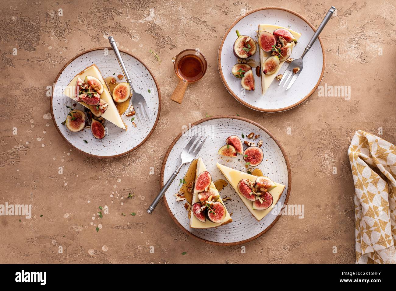 Fall cheesecake with figs and maple syrup Stock Photo