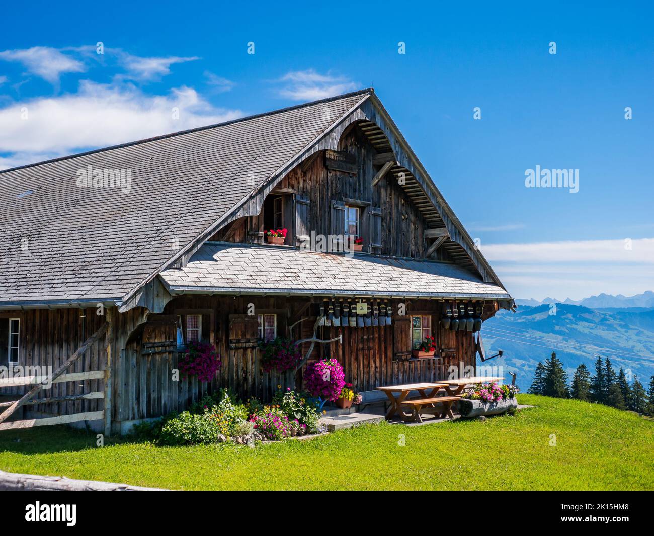 A beautiful wooden cottage on a mountain meadow in Switzerland with flowers in the windows. Stock Photo