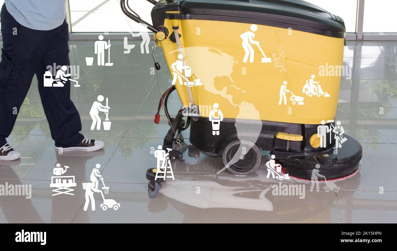 professional floor cleaning machine washes, does wet cleaning at the enterprise Stock Photo Alamy