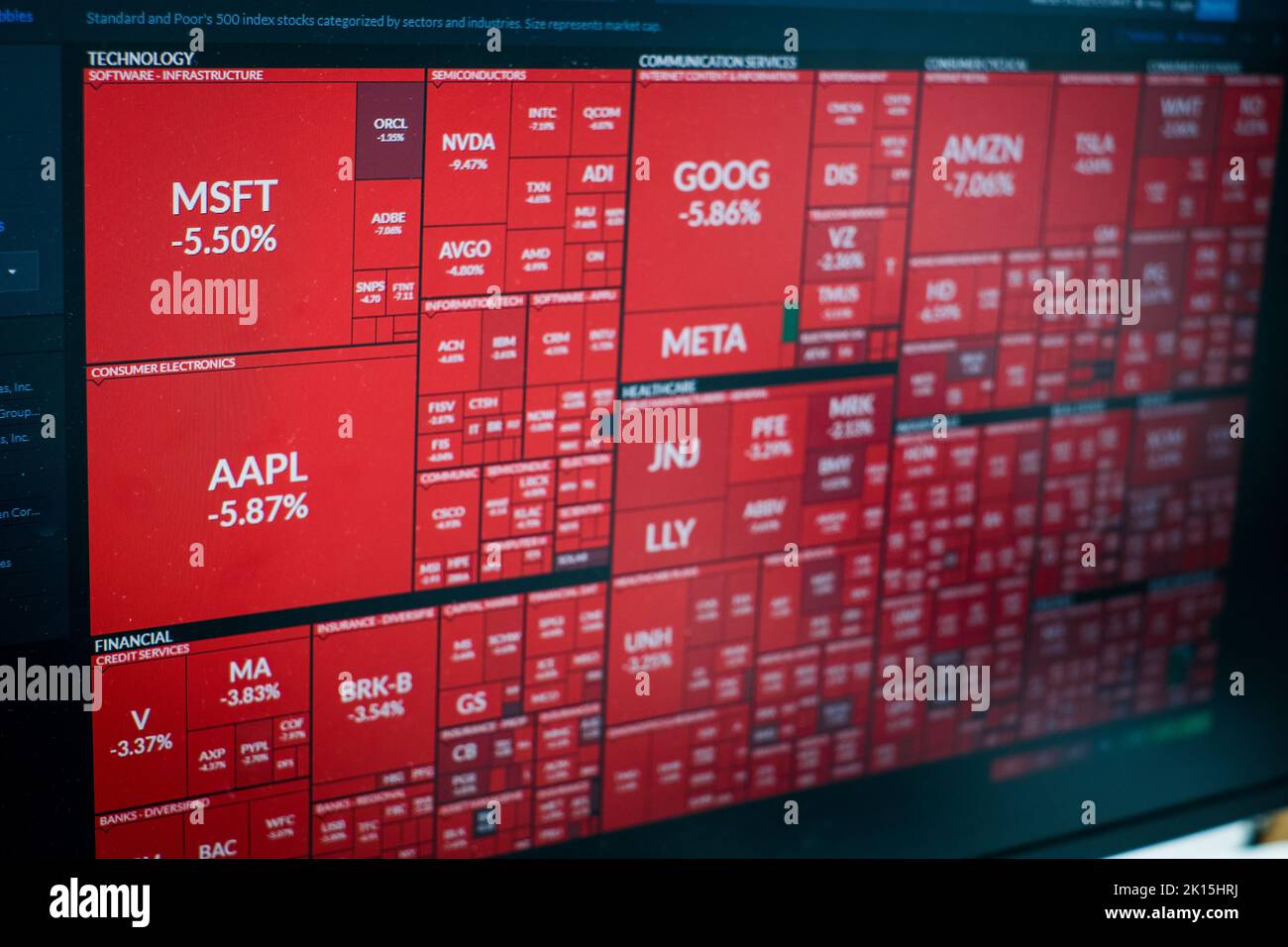 September 13, 2022: All red stocks on SP 500 display during a day where all shares fell and investors loose money. Stock market crash during recession Stock Photo