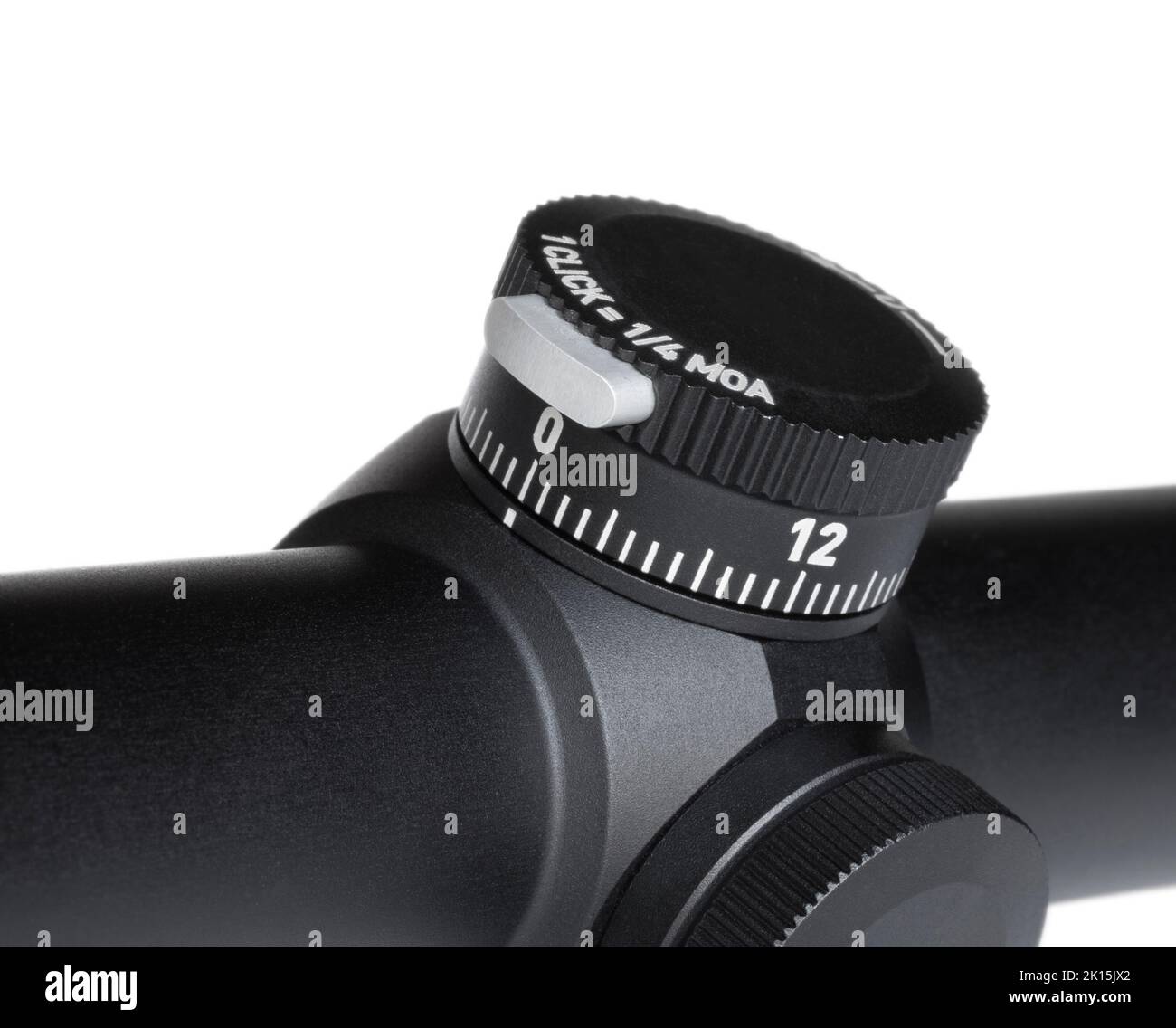 Elevation turret on a rifle scope isolated on a white background Stock