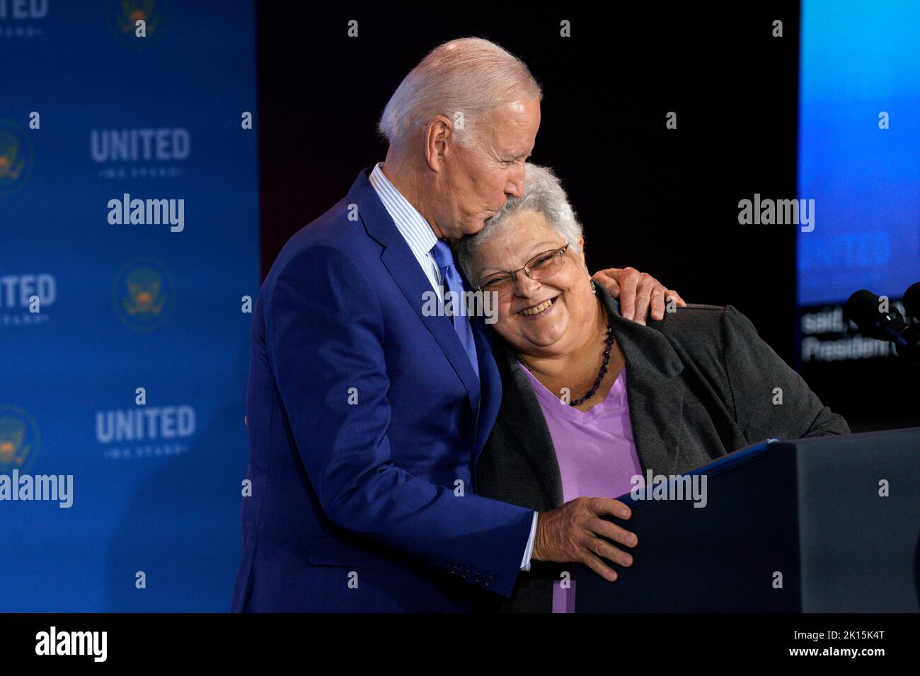 U.S. President Joe Biden kisses Susan Bro, mother of Heather Heyer was killed at the Unite the Right rally in Charlottesville, at the United We Stand Summit in the East Room at the White House in Washington on September 15, 2022. Photo by Yuri Gripas/ABACAPRESS.COM Stock Photo