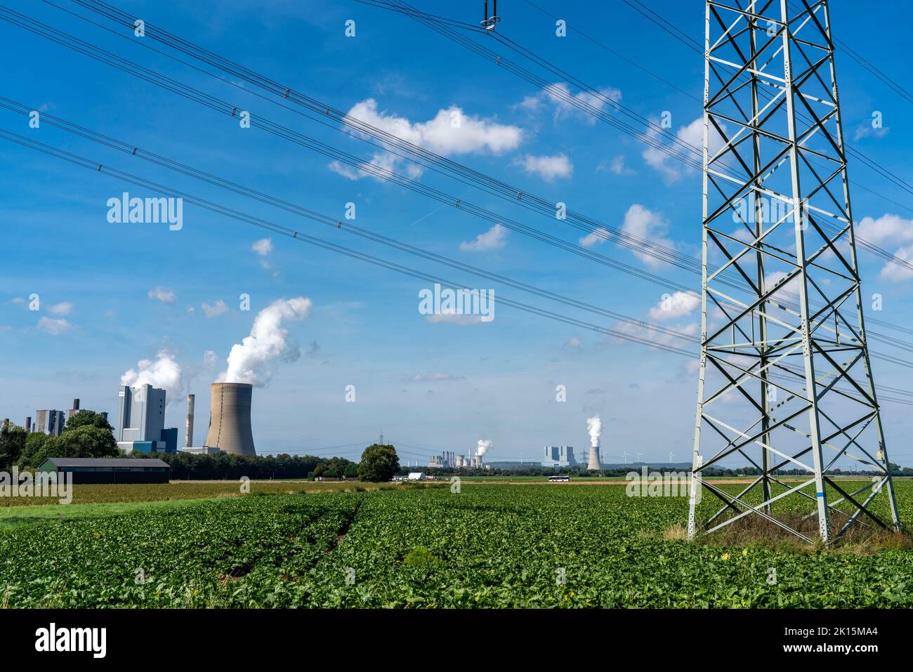 Lignite-fired power plant, RWE Power AG Niederaussem power plant and Neurath power plant at the rear, 2 units shut down in 2020/21 and restarted in Ju Stock Photo