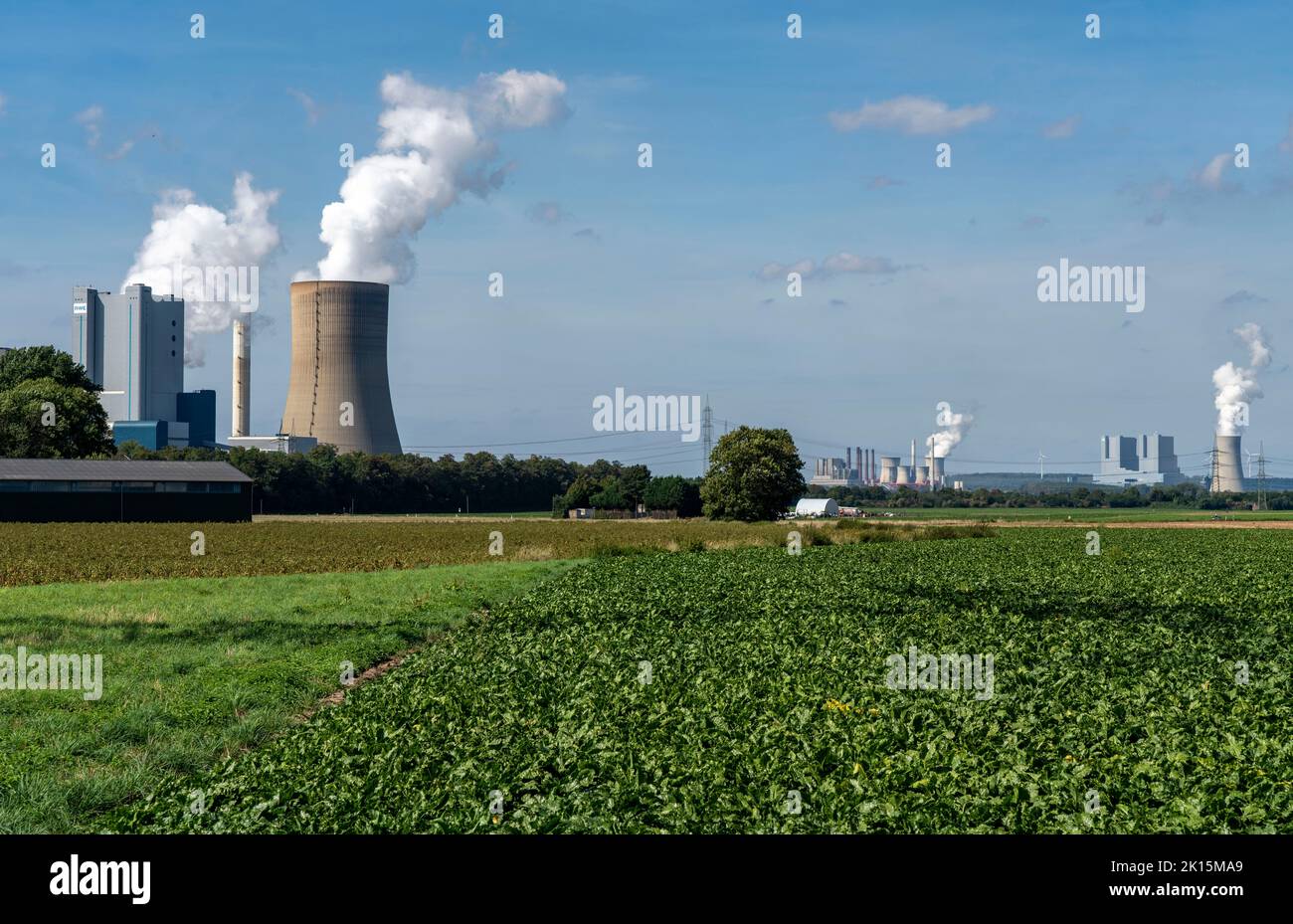 Lignite-fired power plant, RWE Power AG Niederaussem power plant and Neurath power plant at the rear, 2 units shut down in 2020/21 and restarted in Ju Stock Photo