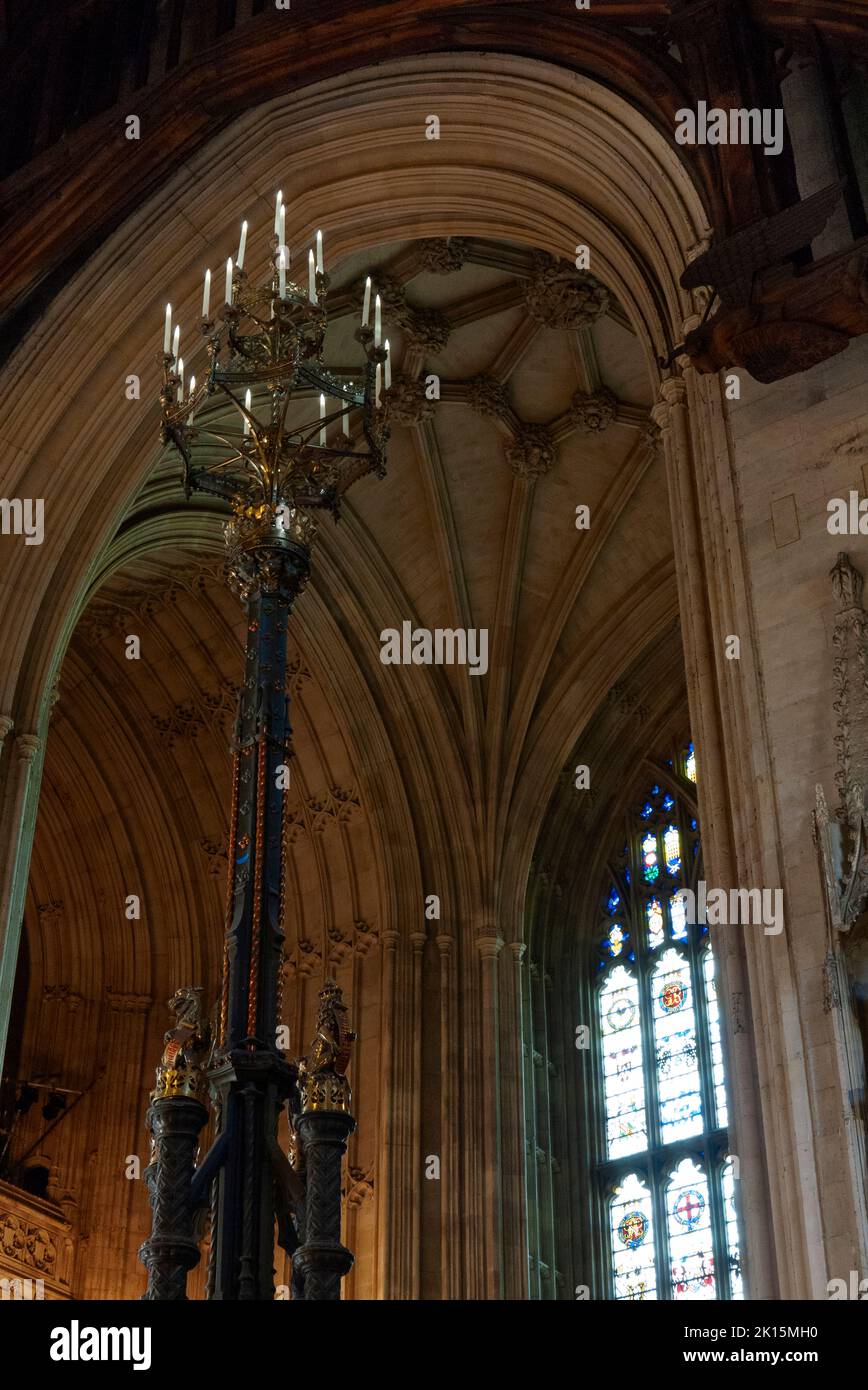 Vaulted ceiling and carved statues at Westminster Hall, Palace of