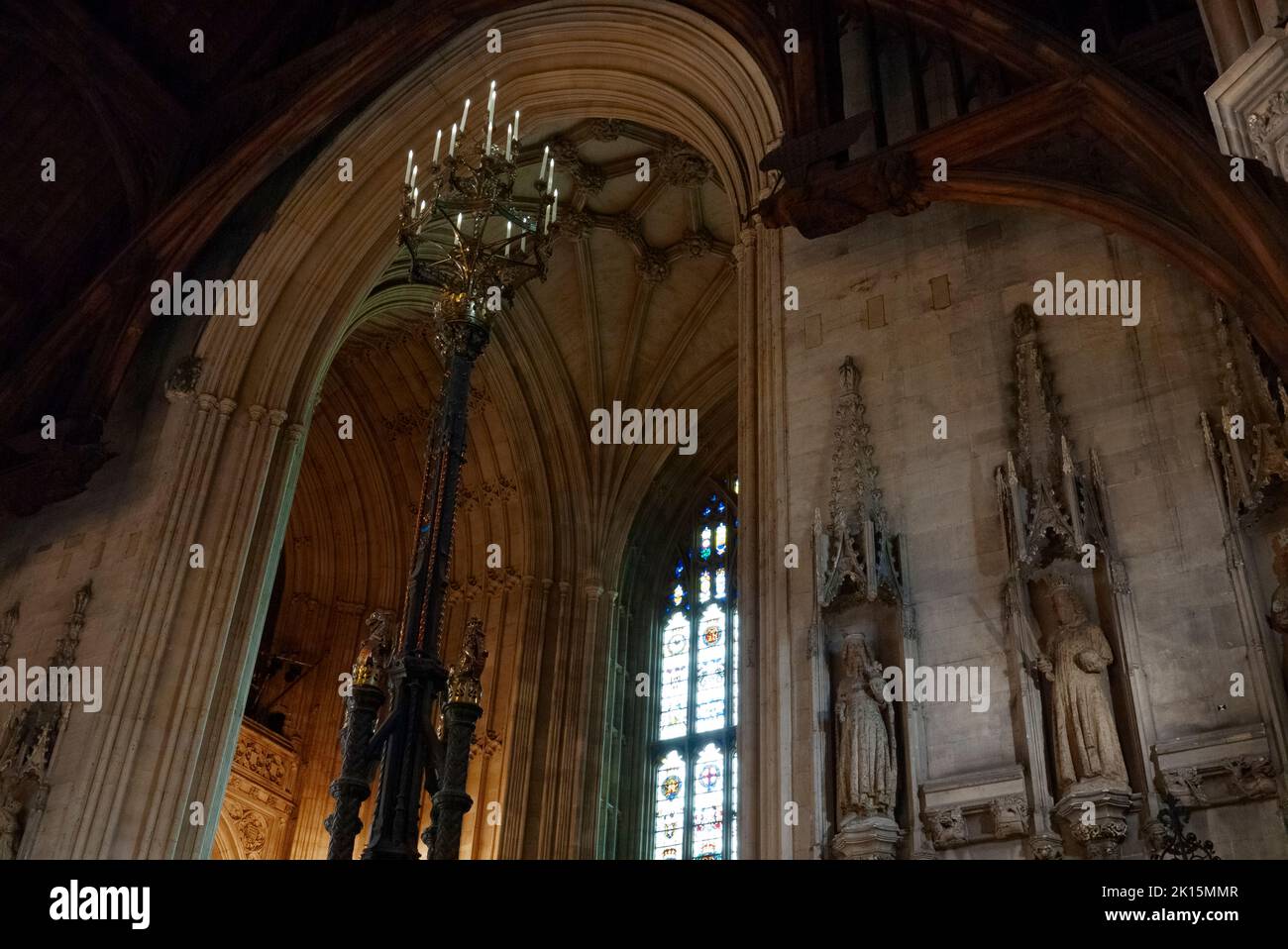 Vaulted ceiling and carved statues at Westminster Hall, Palace of Westminster, London, United Kingdom Stock Photo
