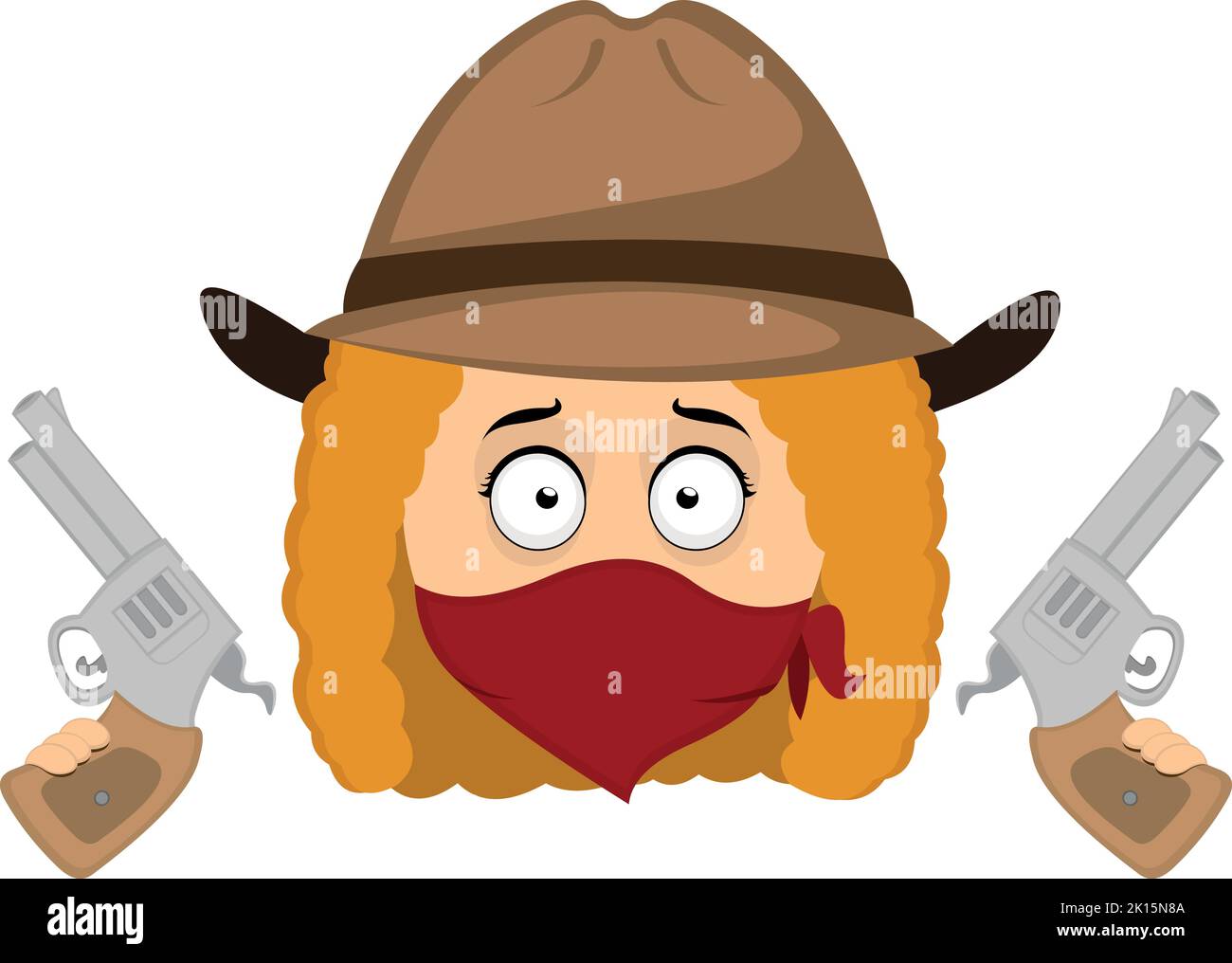 Vector illustration of the emoticon of a woman cowboy bandit from the far west, with a hat, a scarf covering his face and weapons in his hands Stock Vector