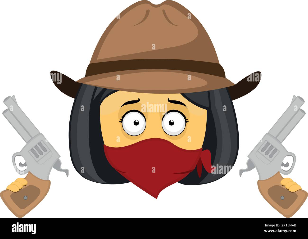Vector emoji illustration of a cartoon cowboy bandit woman, with a hat, bandana covering her face and guns in her hands Stock Vector