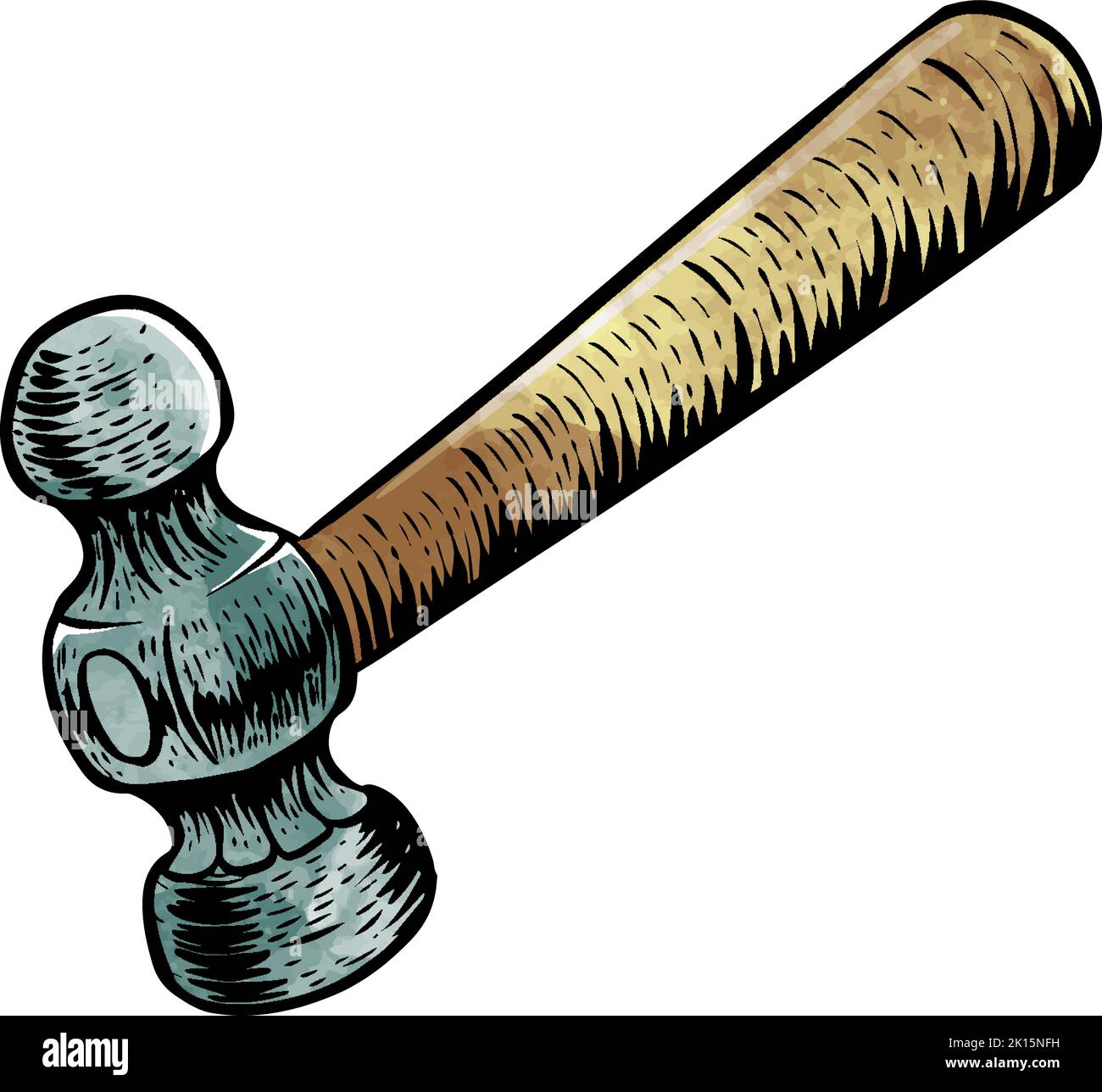 Watercolor style ballpeen hammer in woodcut drawing woodworking tool