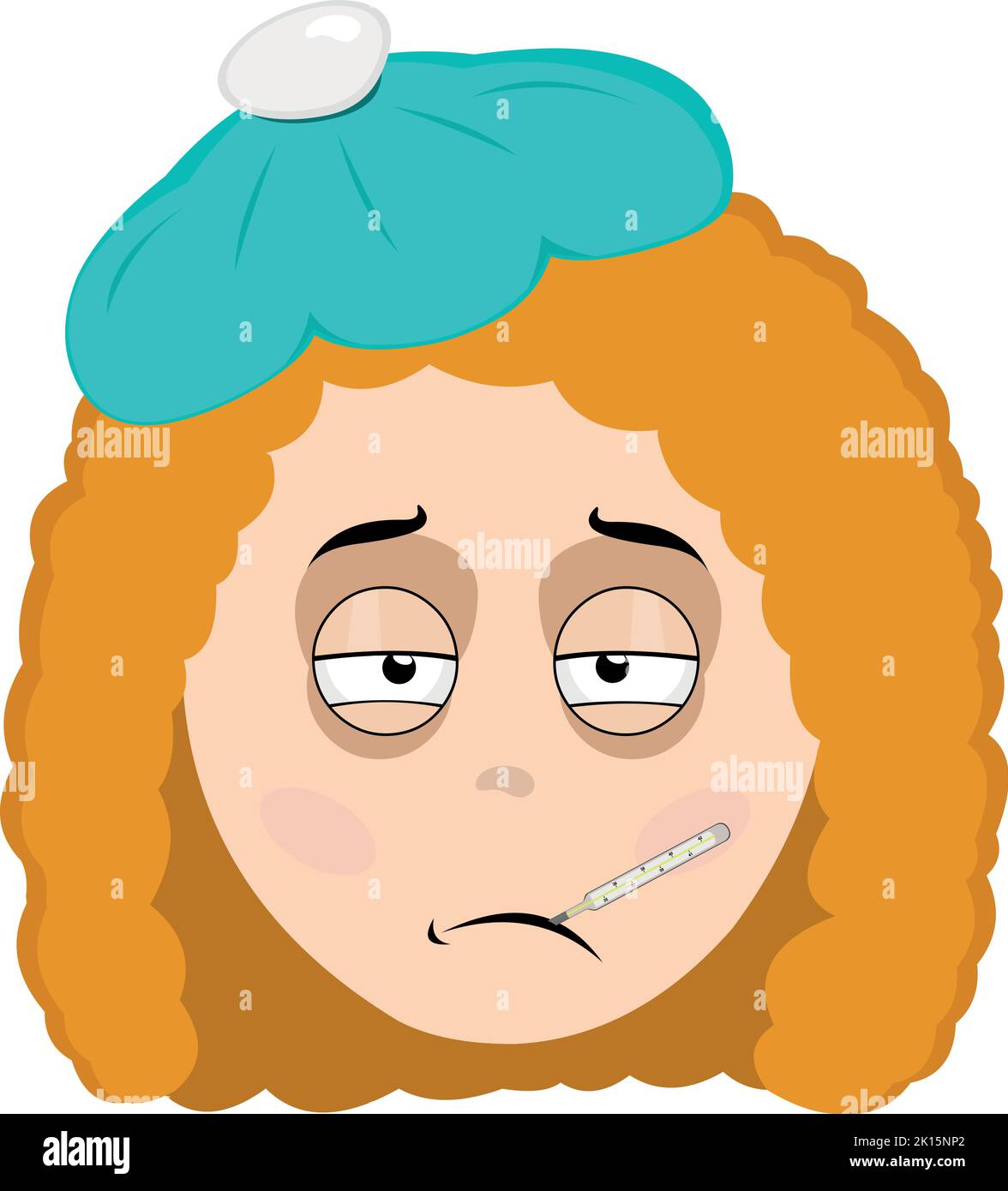 Vector illustration of the face of a ill cartoon woman, with a thermometer in his mouth, pale and a bag of water on his head Stock Vector