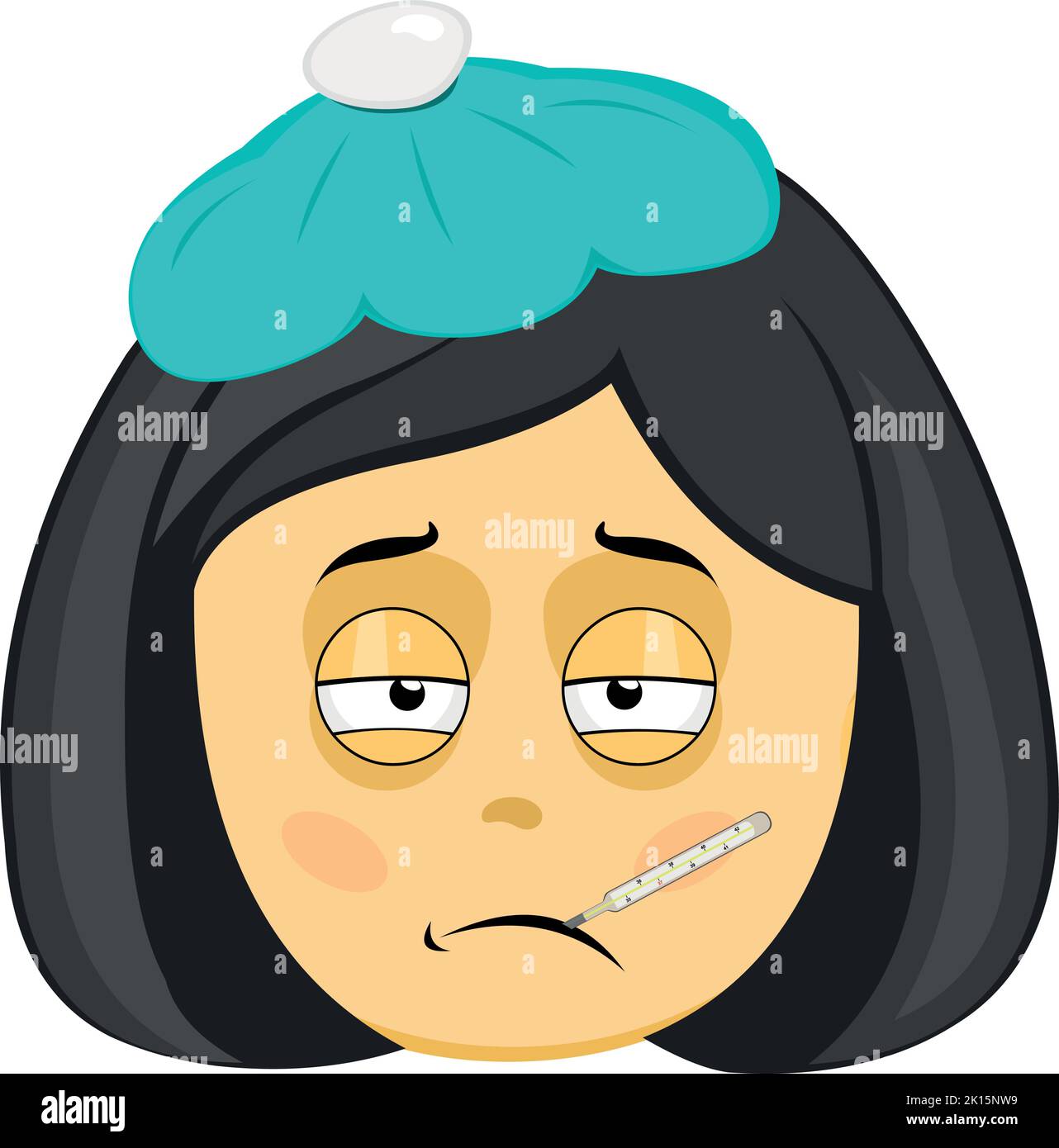 Vector illustration emoji of the face of a ill cartoon woman, with a thermometer in his mouth, pale and a bag of water on his head Stock Vector
