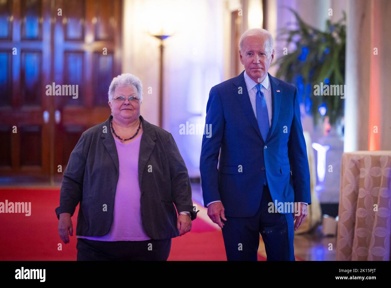 Washington DC, USA. 15th Sep, 2022. President Joe Biden along with Susan Bro prepare to speak at the United We Stand Summit in the East Room of the White House in Washington, DC on Thursday, September 15, 2022. Bro is the mother of Heather Heyer, who was killed at the Unite the Right rally in Charlottesville, Virginia in 2017. Photo by Jim Lo Scalzo/UPI Credit: UPI/Alamy Live News Stock Photo