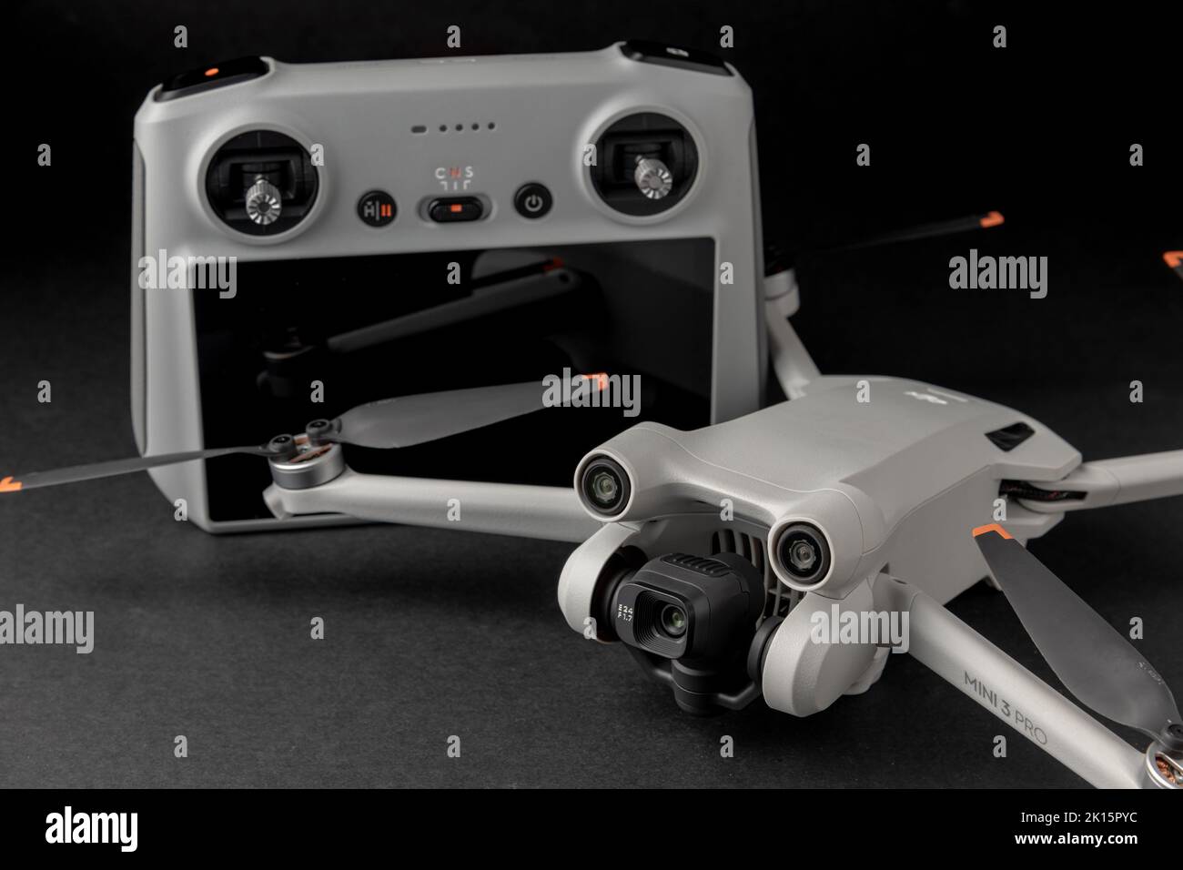 Antalya, Turkey - September 15, 2022: Mini 3 Pro drone of Dji brand with Vertical camera on dark background Stock Photo