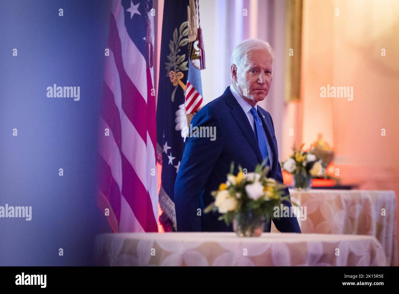 Washington DC, USA. 15th Sep, 2022. President Joe Biden prepares to speak at the United We Stand Summit in the East Room of the White House in Washington, DC on Thursday, September 15, 2022. Photo by Jim Lo Salzo/UPI Credit: UPI/Alamy Live News Stock Photo