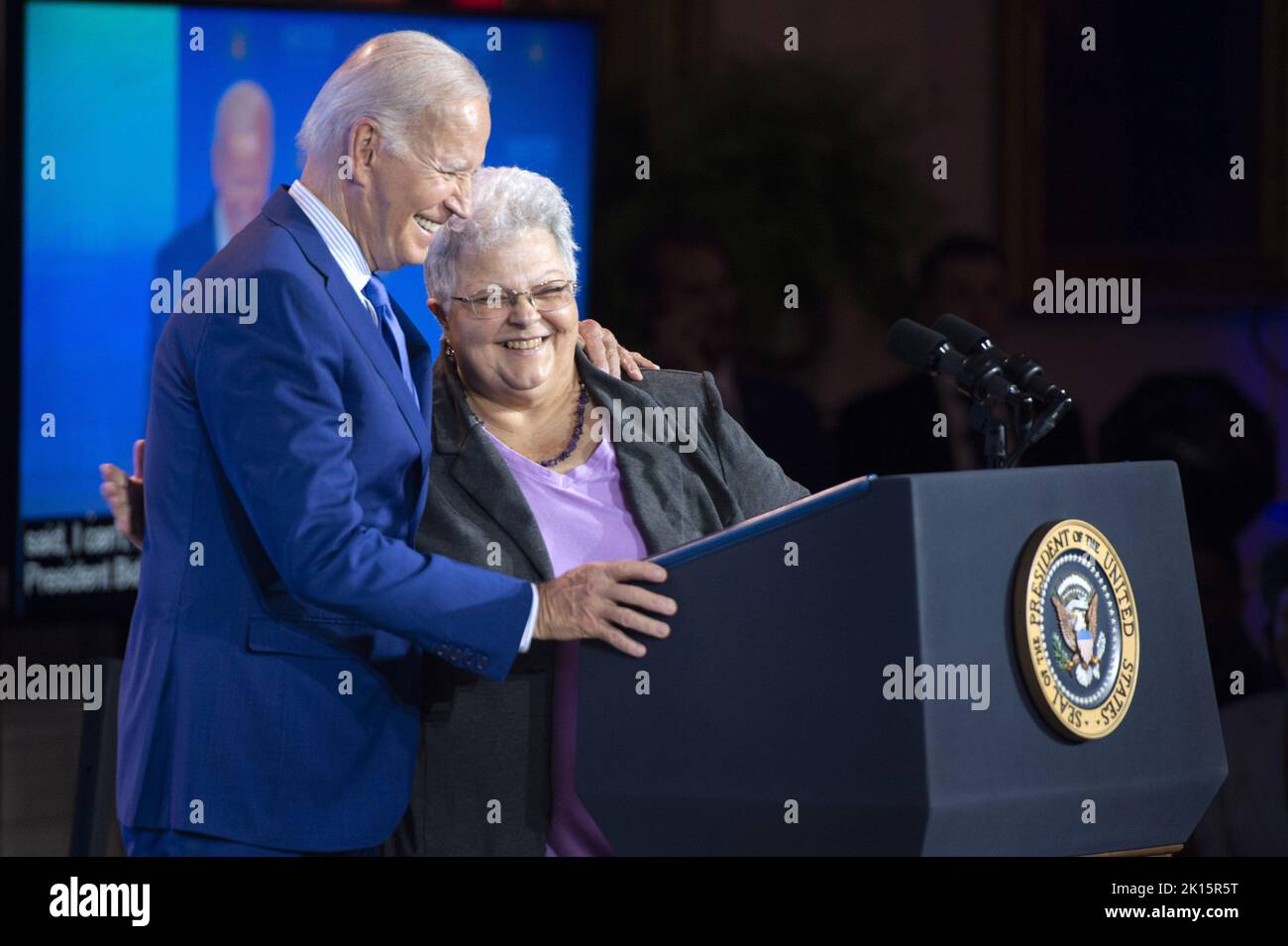 Washington DC, USA. 15th Sep, 2022. President Joe Biden embraces Susan Bro, mother of Heather Hoyer, speaks during the United We Stand Summit which focused government efforts to combat violence and hate crimes in the East Room at the White House in Washington, DC on Thursday, September 15, 2022. Heather Heyer was killed during the Unite The Right rally in Charlottesville, Virginia in 2017. Photo by Bonnie Cash/UPI Credit: UPI/Alamy Live News Stock Photo