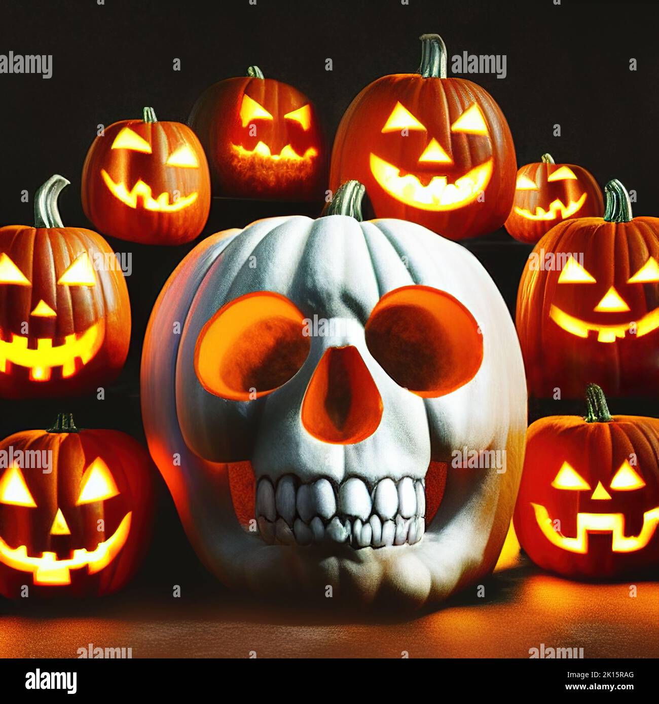 3d rendering of Halloween jack-o-lantern pumpkin in shape of human skull with smaller curved halloween pumpkins Stock Photo