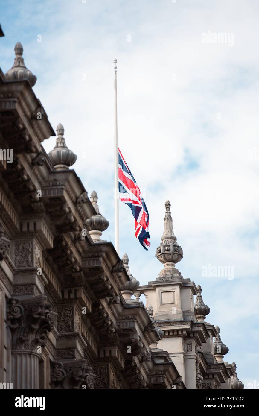 U.K Flag flying at half mast after the passing of Queen Elizabeth II