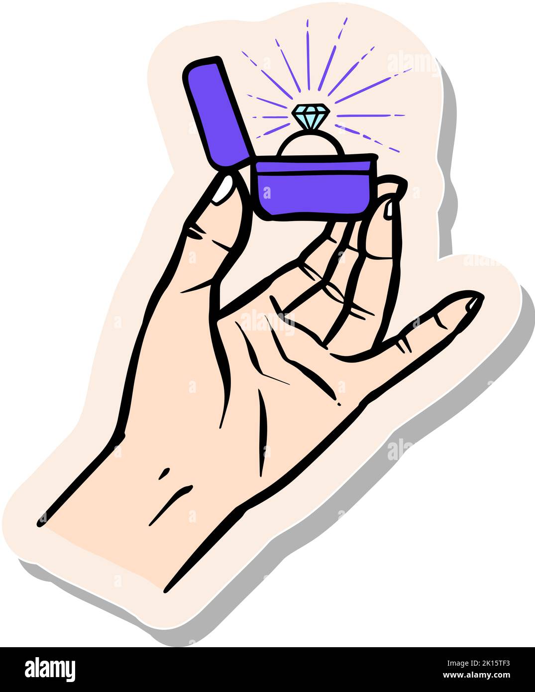 Hand drawn hand holding diamond ring box in sticker style vector ...
